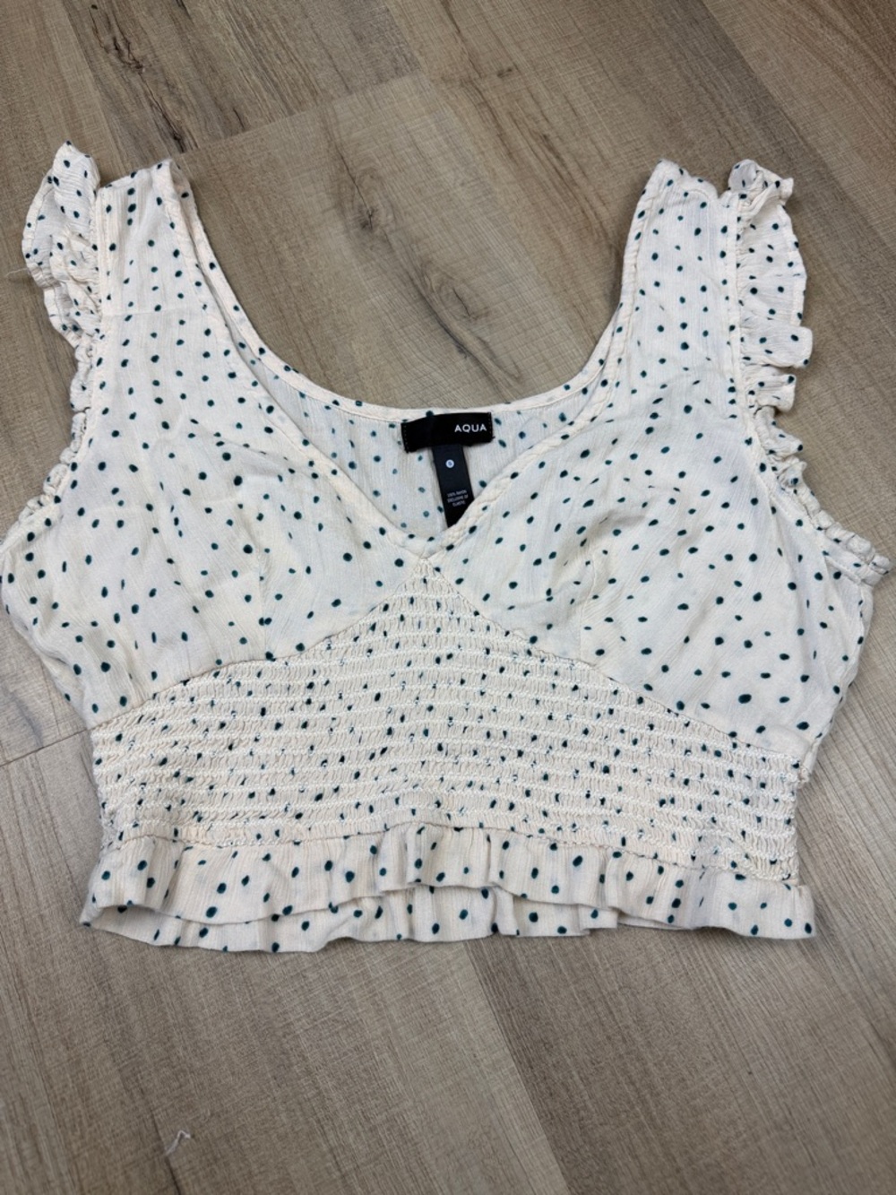 Aqua Cream Smocked Bodice Crop Top w/ Teal Polka Dots and Ruffled Straps. Small